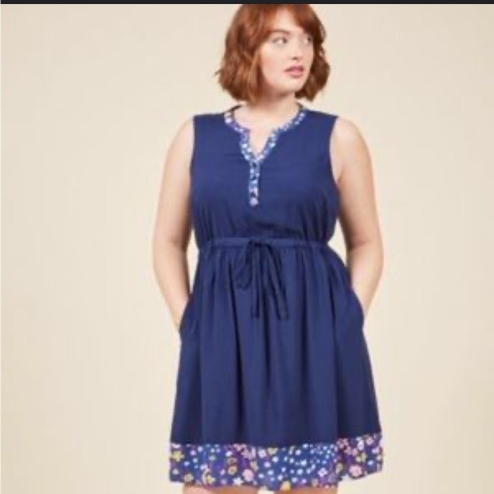 ModCloth Navy Sleeveless Summer Dress Waist tie Star Flower Print Vnt inspo sz L